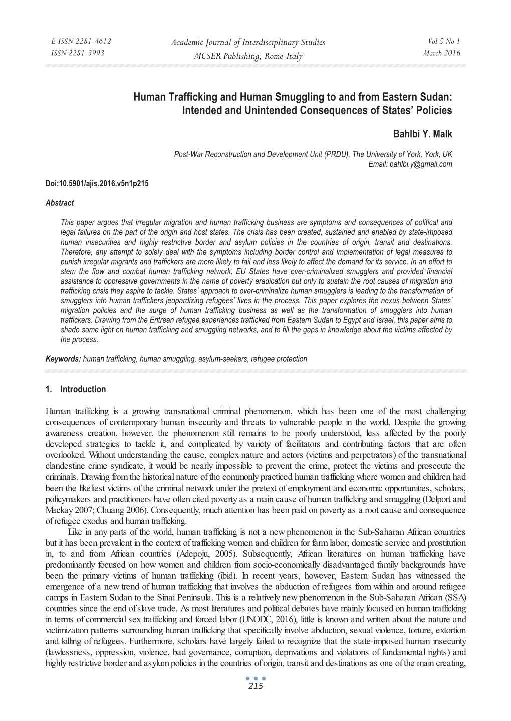 Human Trafficking and Human Smuggling to and from Eastern Sudan: Intended and Unintended Consequences of States’ Policies