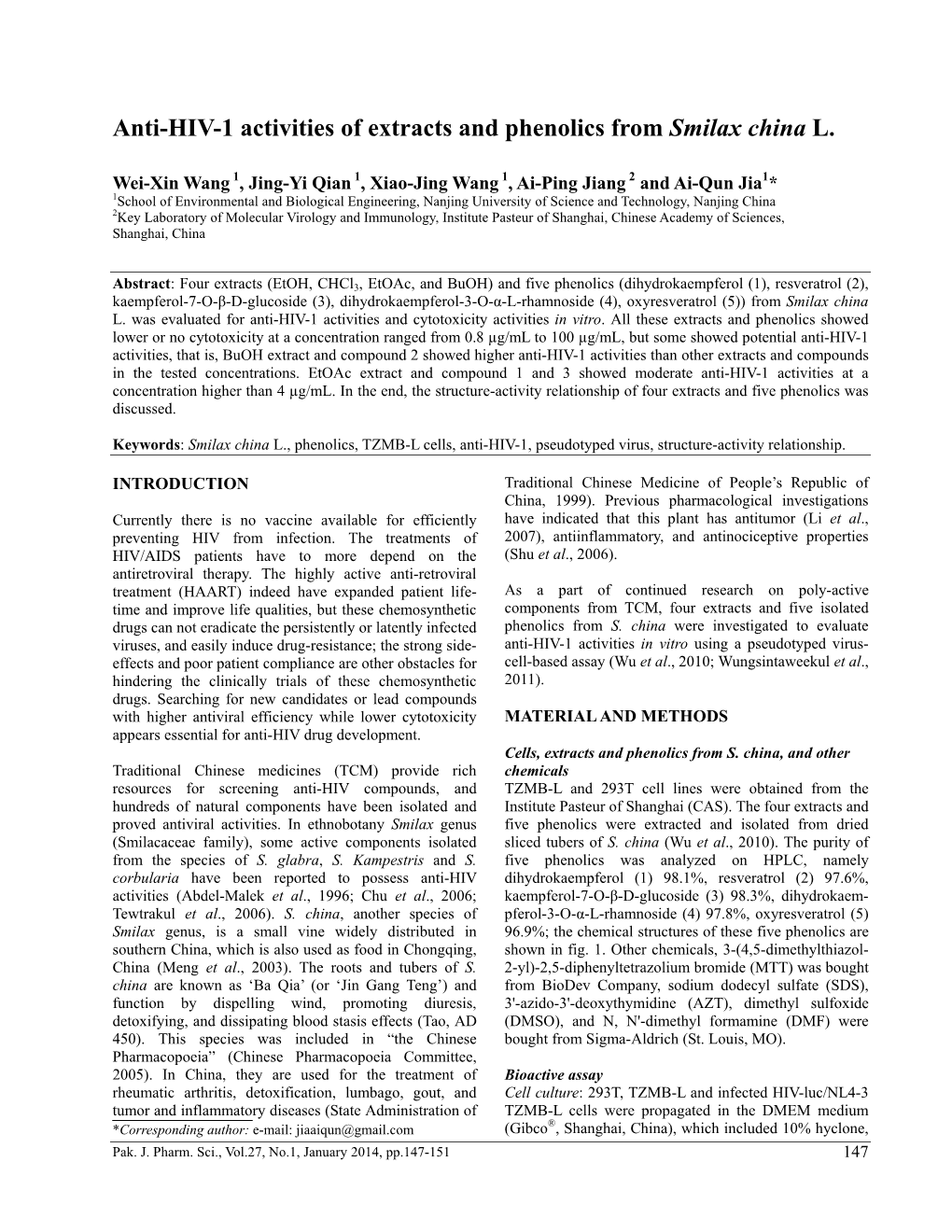 Anti-HIV-1 Activities of Extracts and Phenolics from Smilax China L