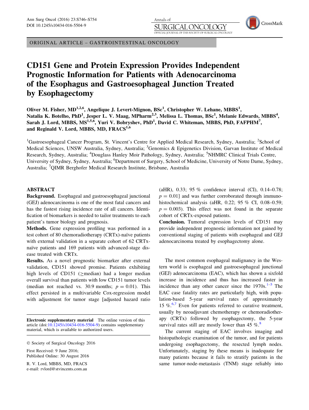 CD151 Gene and Protein Expression Provides Independent Prognostic