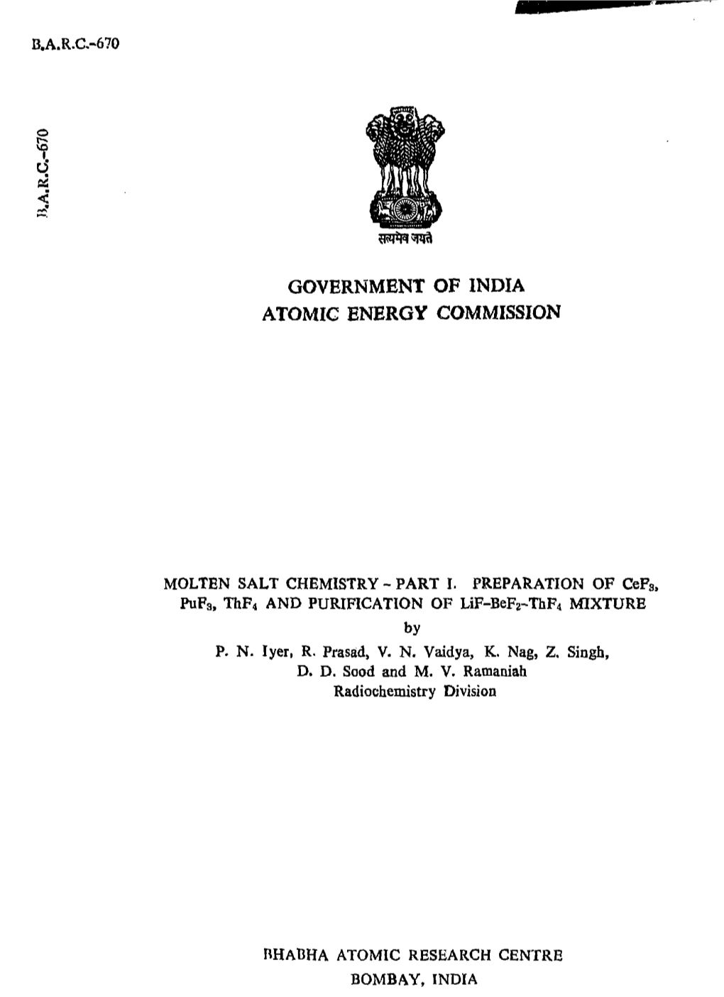 Molten Salt Chemistry - Part I