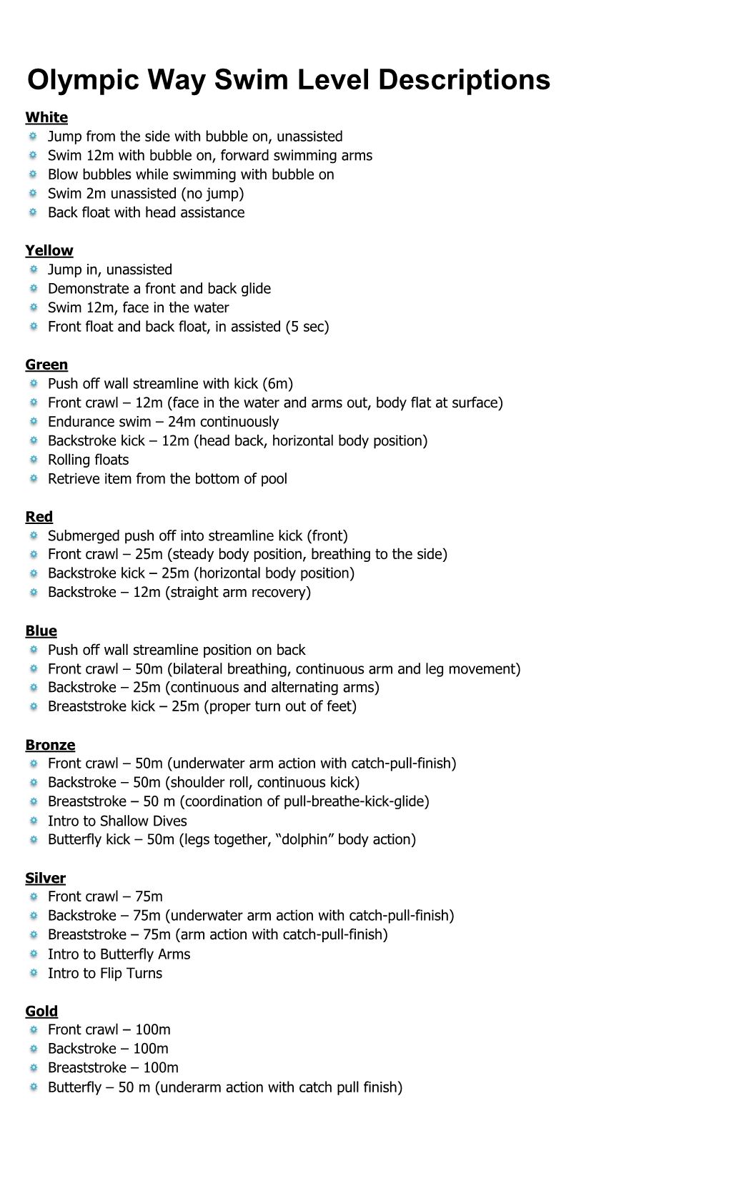 Olympic Way Swim Level Descriptions