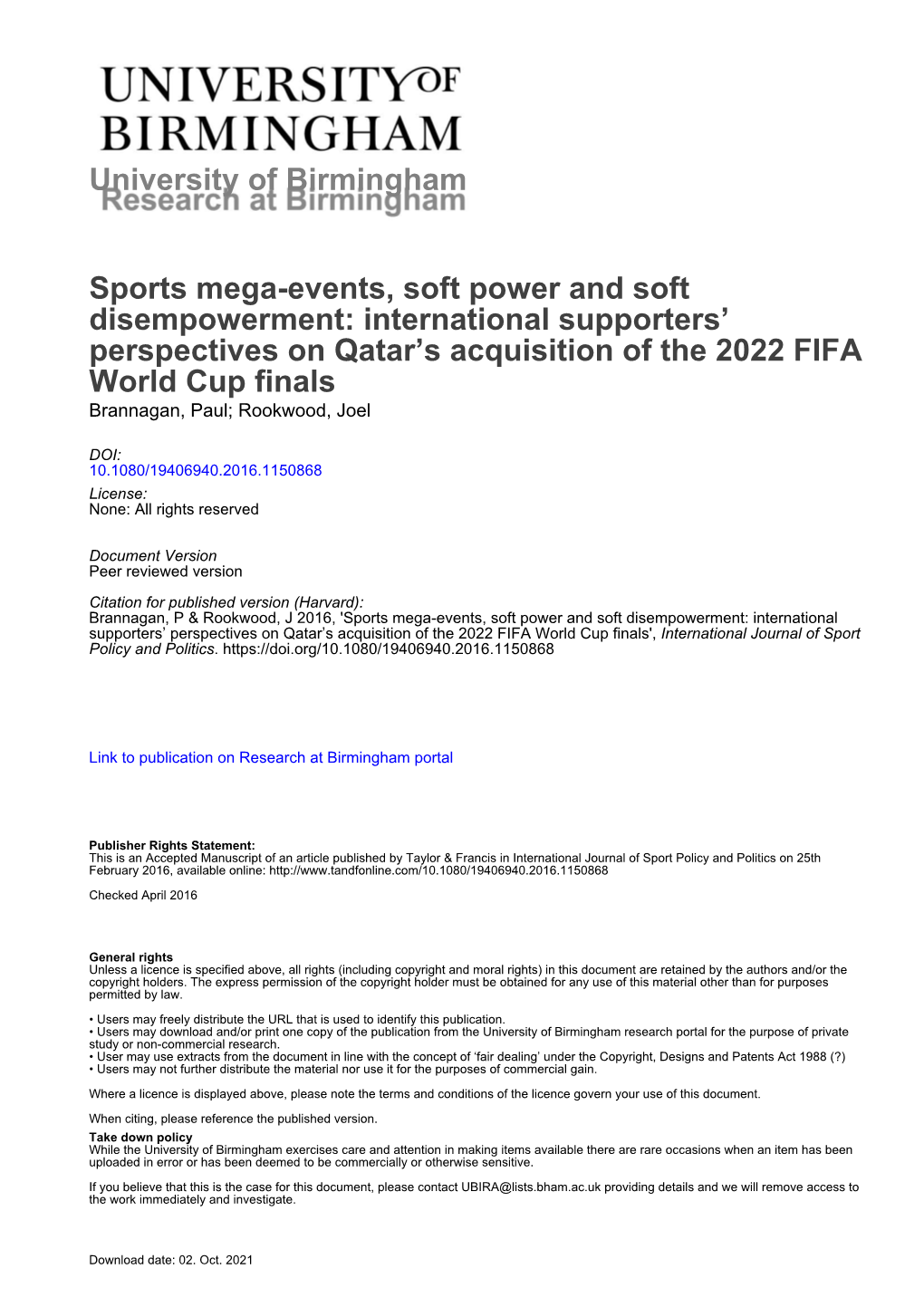 University of Birmingham Sports Mega-Events, Soft Power and Soft