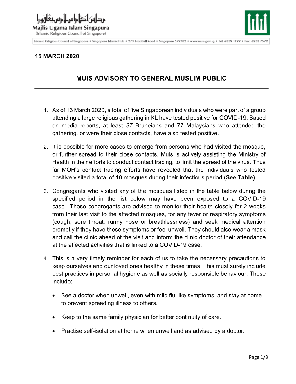 Muis Advisory to General Muslim Public