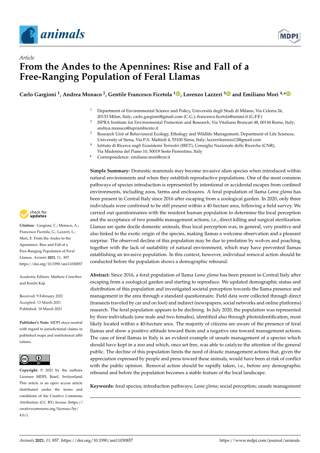 From the Andes to the Apennines: Rise and Fall of a Free-Ranging Population of Feral Llamas