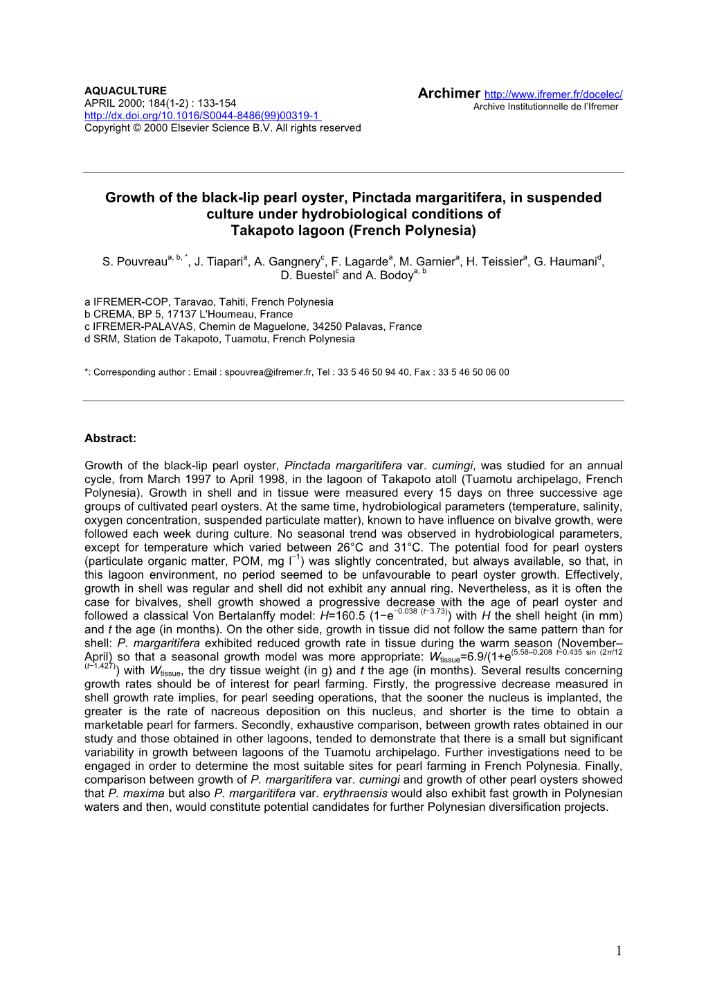 Growth of the Black-Lip Pearl Oyster, Pinctada Margaritifera, in Suspended Culture Under Hydrobiological Conditions of Takapoto Lagoon (French Polynesia)