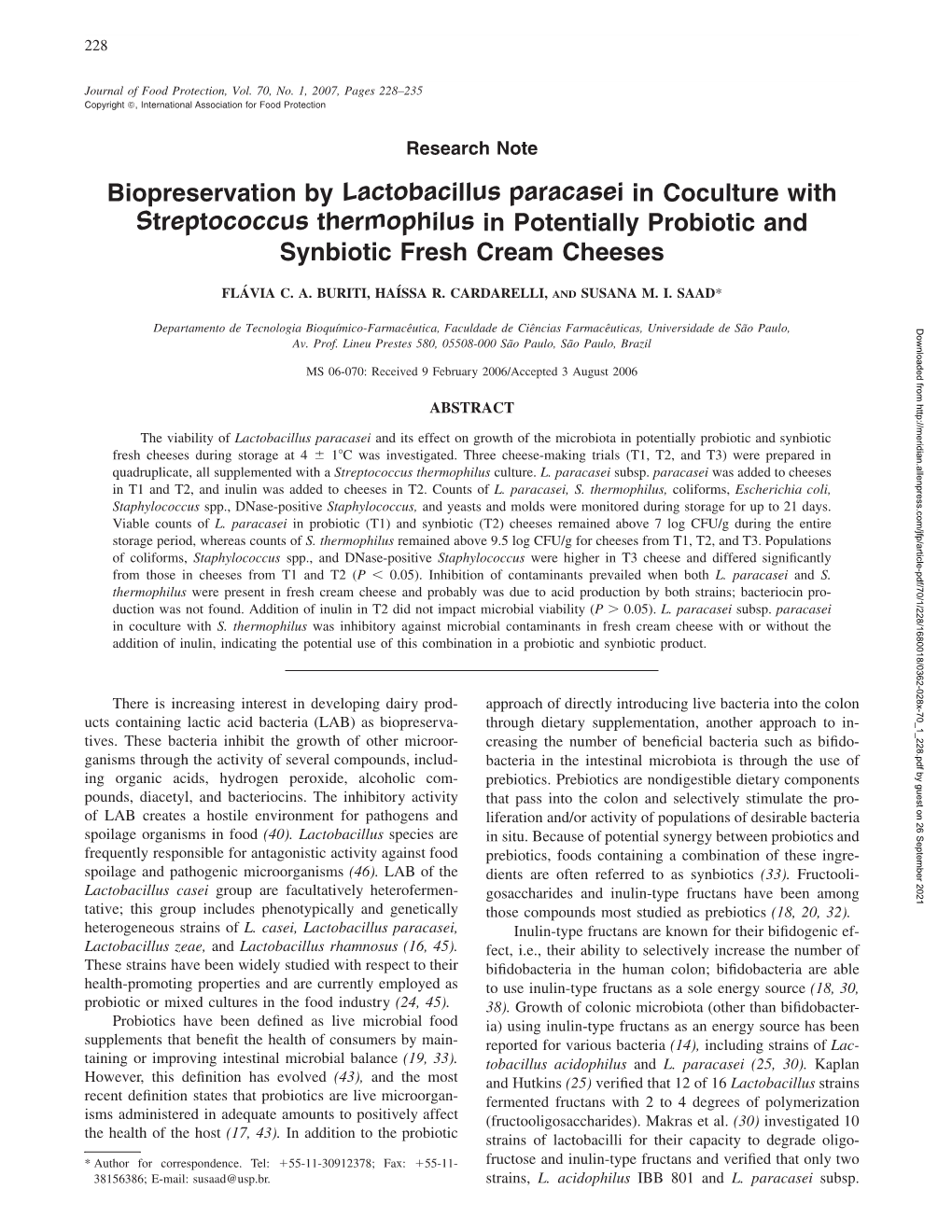 Biopreservation by Lactobacillus Paracasei in Coculture with Streptococcus Thermophilus in Potentially Probiotic and Synbiotic Fresh Cream Cheeses