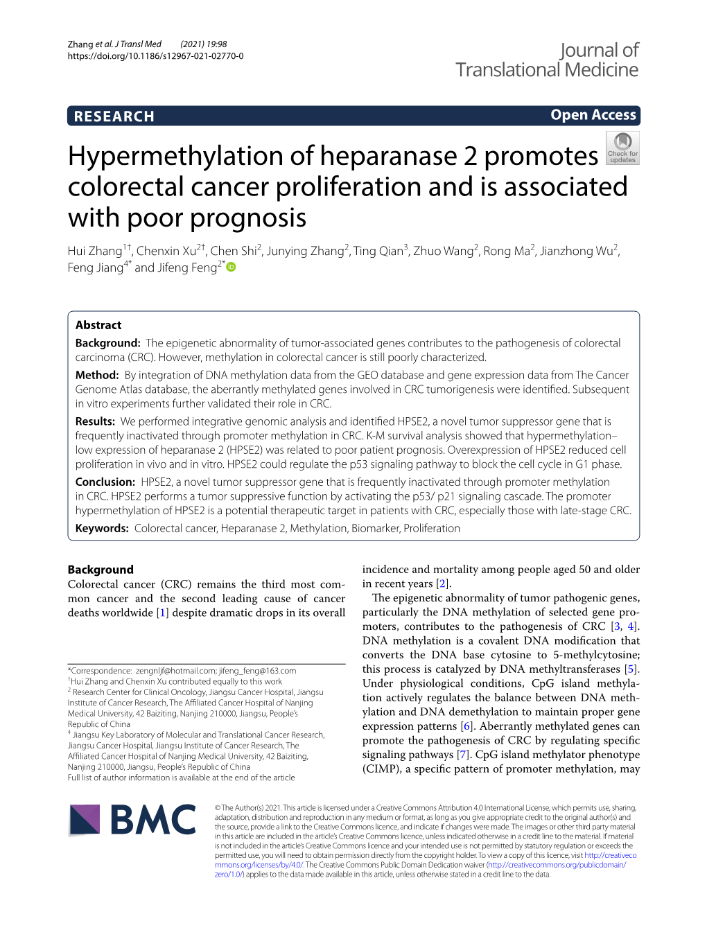 Hypermethylation of Heparanase 2 Promotes Colorectal Cancer