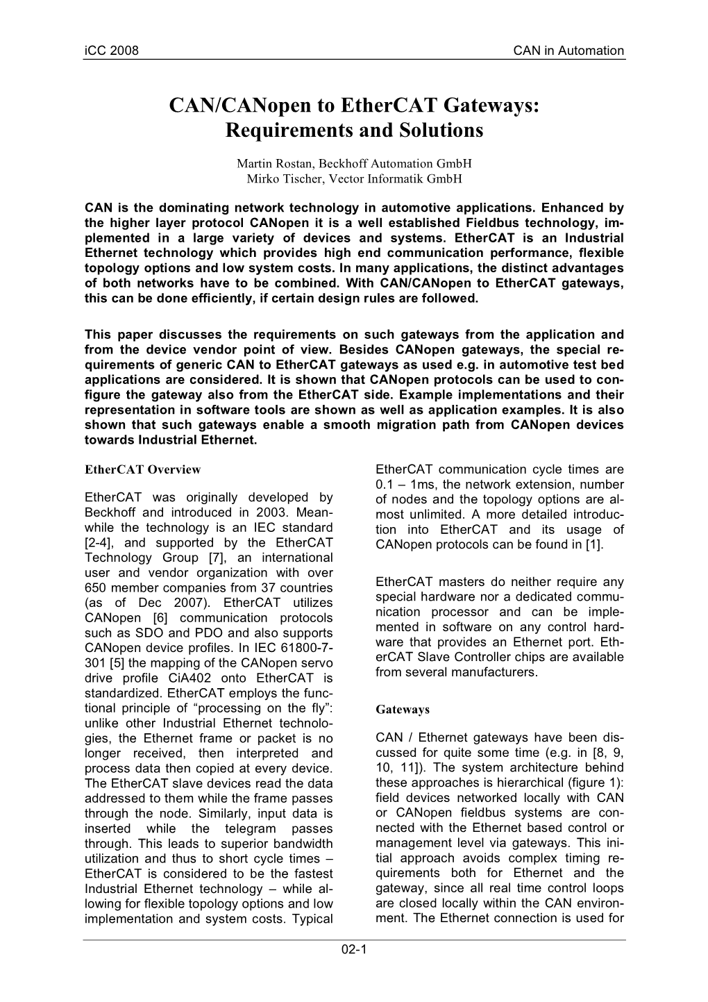 CAN/Canopen to Ethercat Gateways: Requirements and Solutions