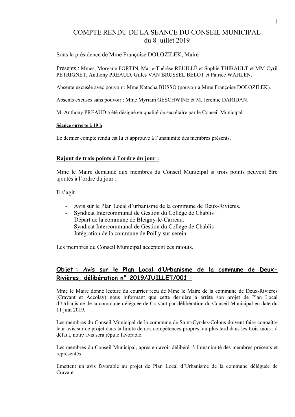 Compte Rendu Du Conseil Municipal Du 8 Juillet 2019 Mairie De Saint