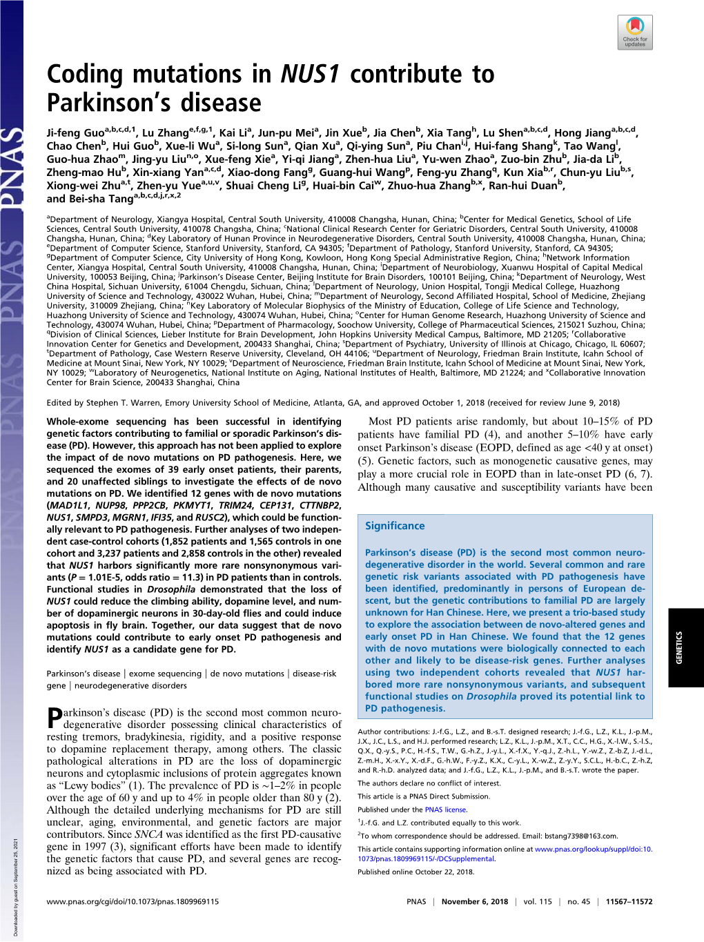 Coding Mutations in NUS1 Contribute to Parkinson's Disease