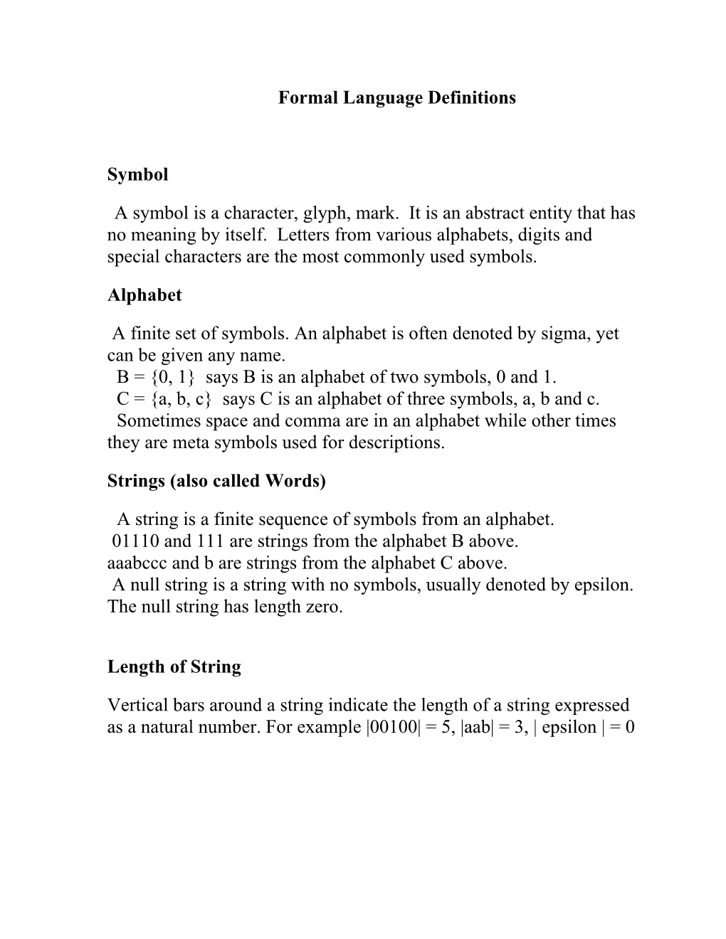 Formal Language Definitions Symbol