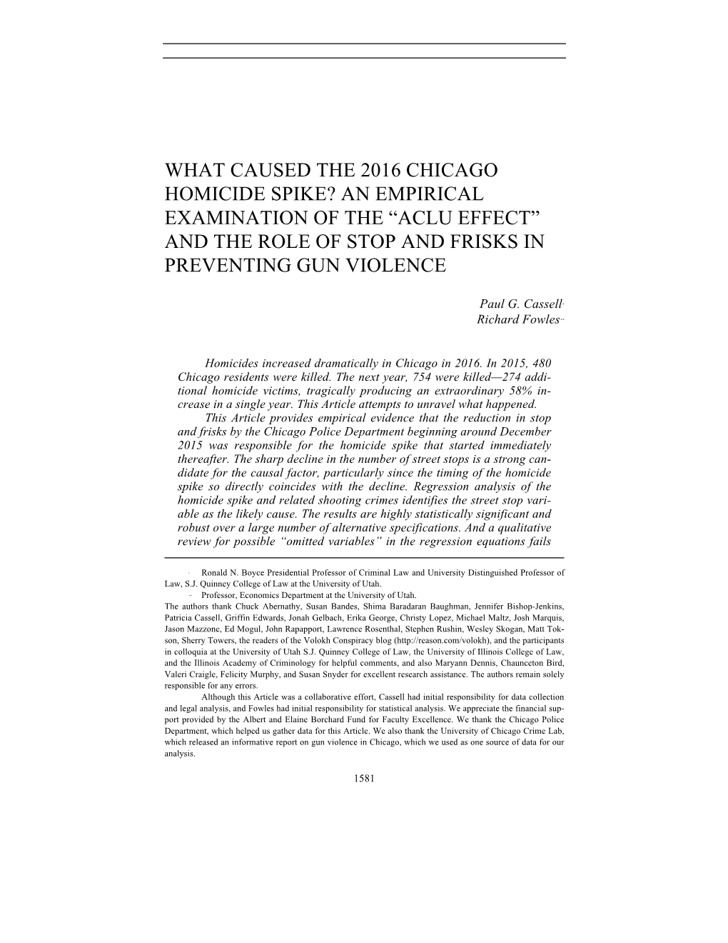 What Caused the 2016 Chicago Homicide Spike? an Empirical Examination of the “Aclu Effect” and the Role of Stop and Frisks in Preventing Gun Violence