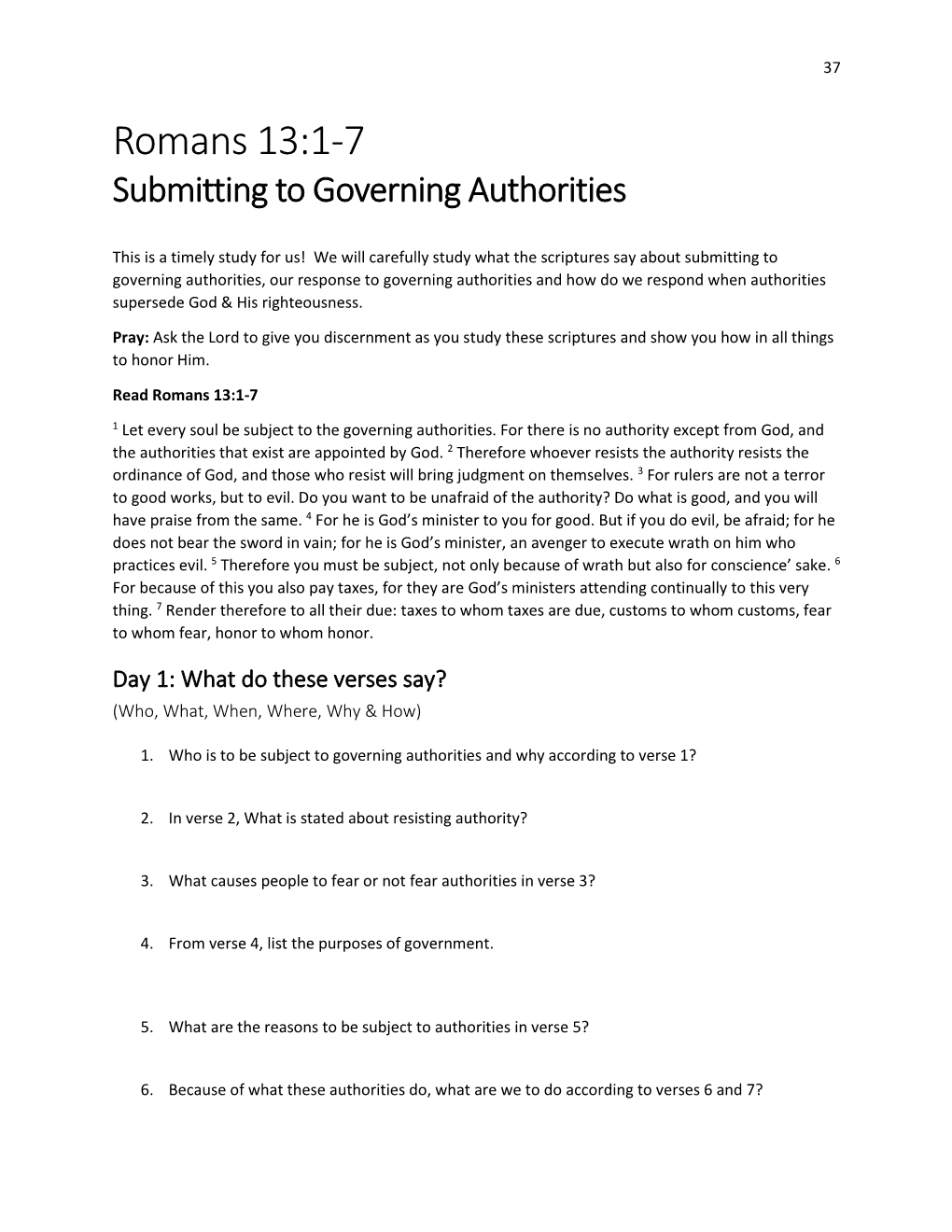 Romans 13:1-7 Submitting to Governing Authorities
