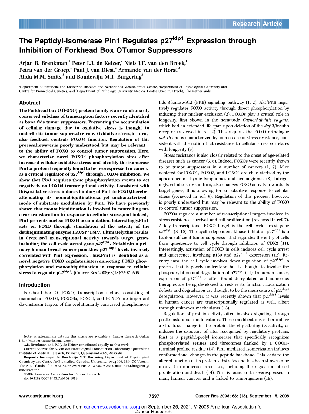 The Peptidyl-Isomerase Pin1 Regulates P27 Expression Through