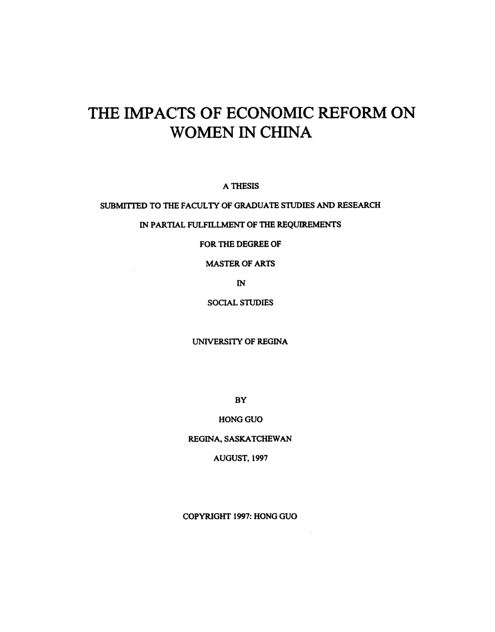 The Impacts of Economic Reform on Women in China