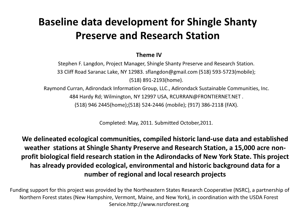 Baseline Data Development for Shingle Shanty Preserve and Research Station