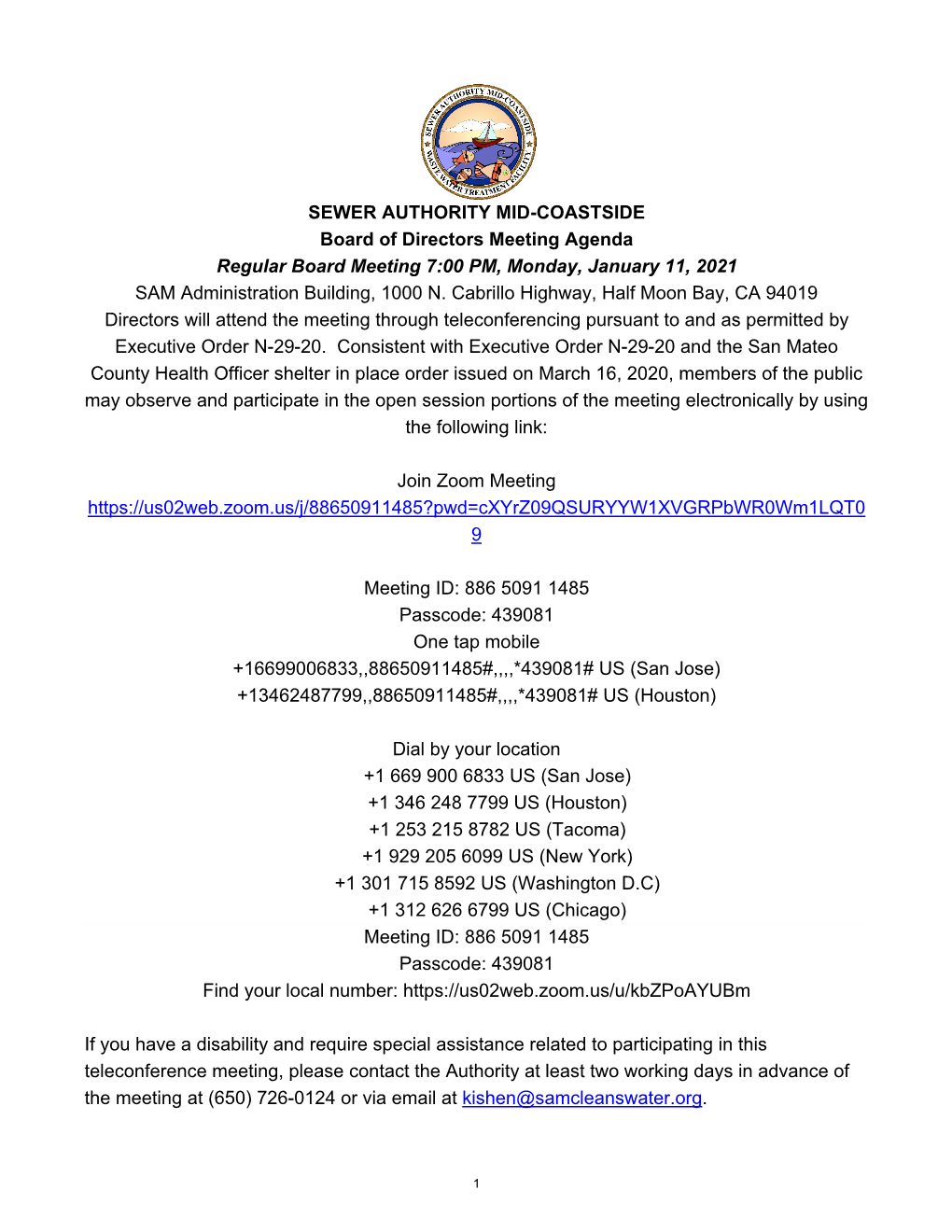 SEWER AUTHORITY MID-COASTSIDE Board of Directors Meeting Agenda Regular Board Meeting 7:00 PM, Monday, January 11, 2021 SAM Administration Building, 1000 N