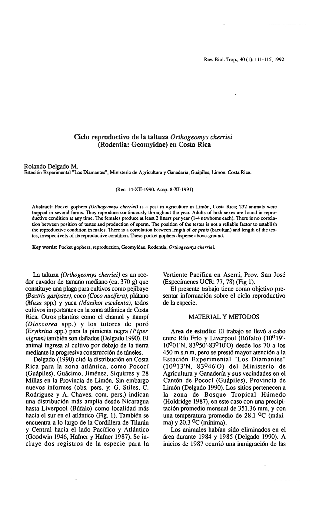 Ciclo Reproductivo De La Taltuza Orthogeomys Cherriei (Rodentia: Geornyidae) En Costa Rica