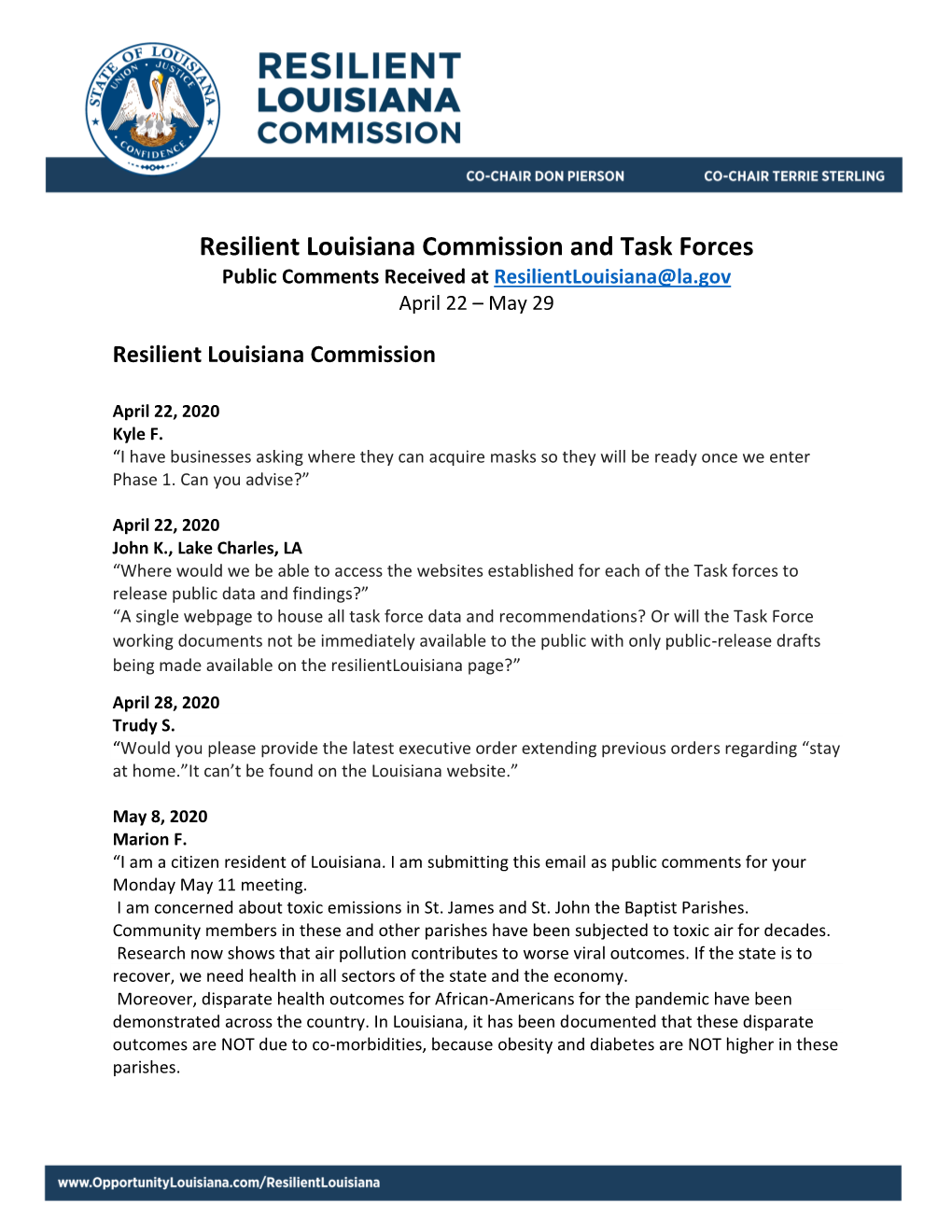 Resilient Louisiana Commission and Task Forces Public Comments Received at Resilientlouisiana@La.Gov April 22 – May 29