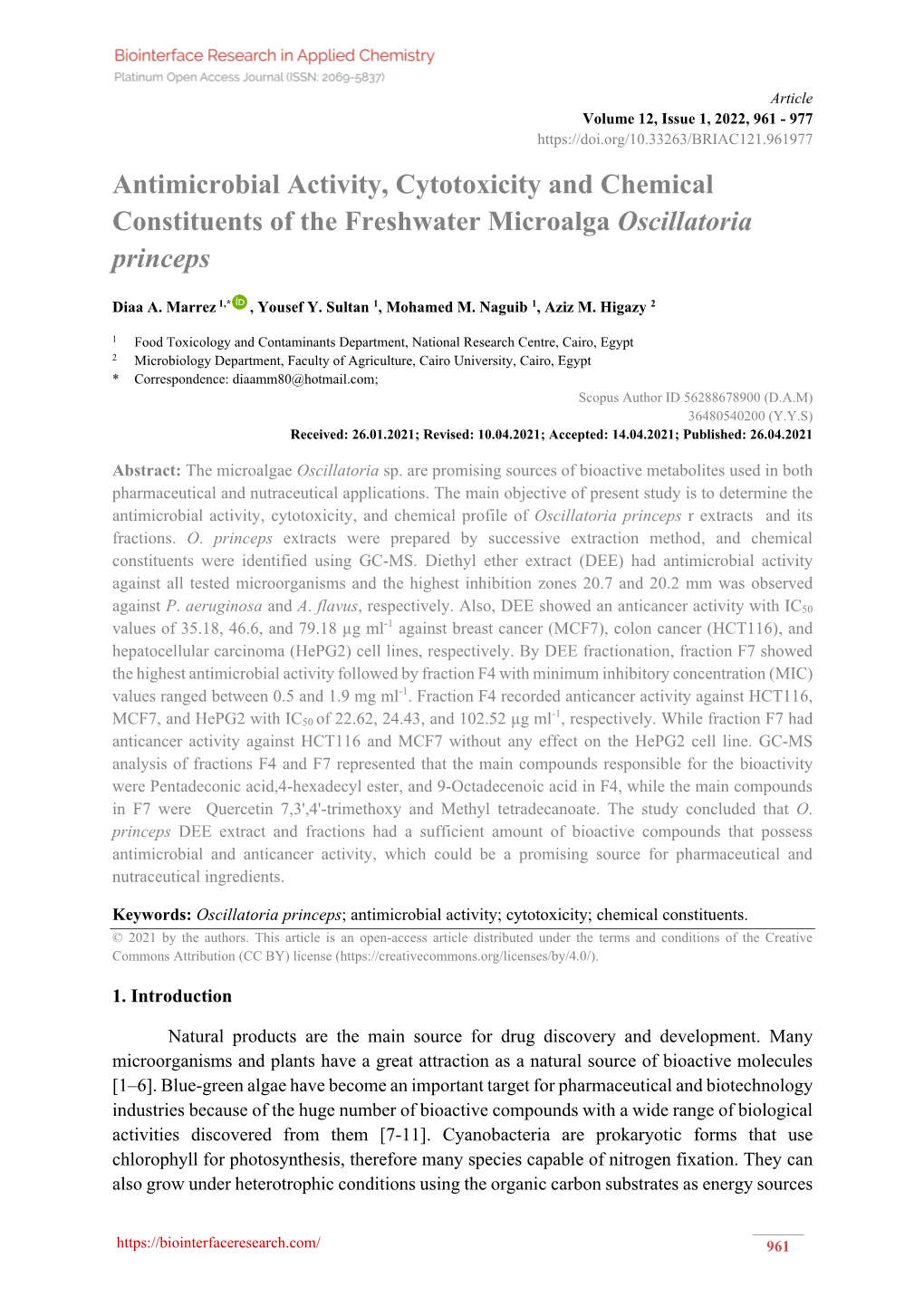 Antimicrobial Activity, Cytotoxicity and Chemical Constituents of the Freshwater Microalga Oscillatoria Princeps