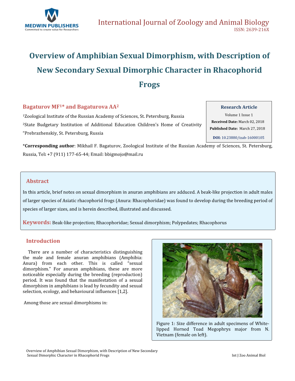 Bagaturov MF and Bagaturova AA. Overview of Amphibian Sexual Dimorphism, with Description of New Secondary Sexual Dimorphic Char