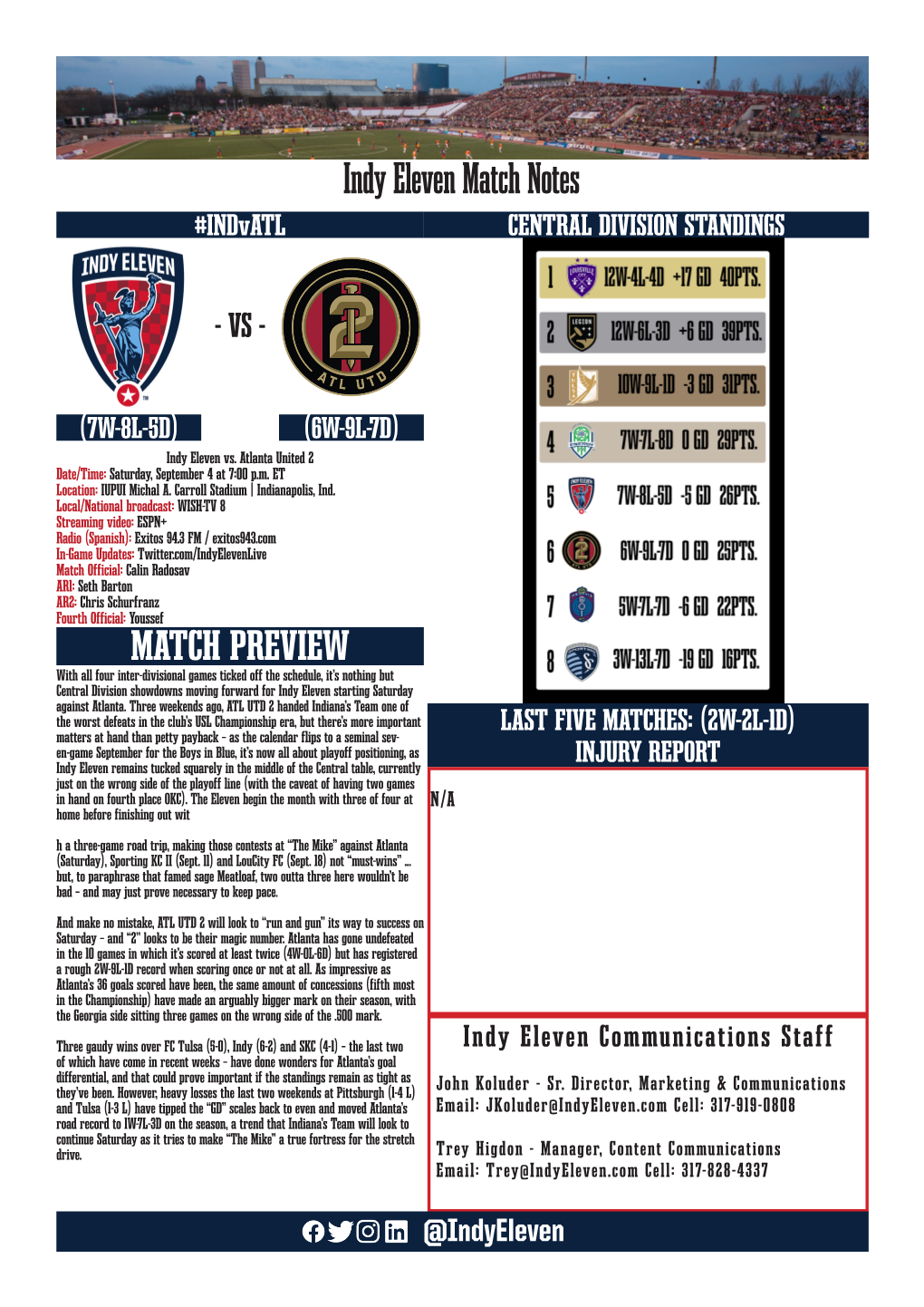 Indy Eleven Match Notes #Indvatl CENTRAL DIVISION STANDINGS