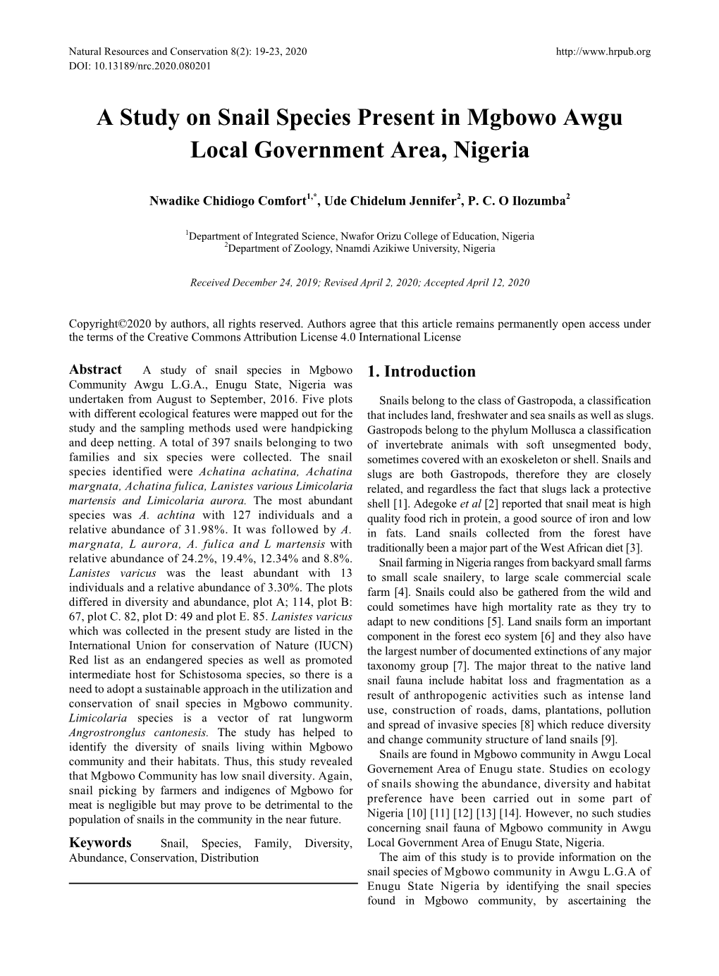 A Study on Snail Species Present in Mgbowo Awgu Local Government Area, Nigeria