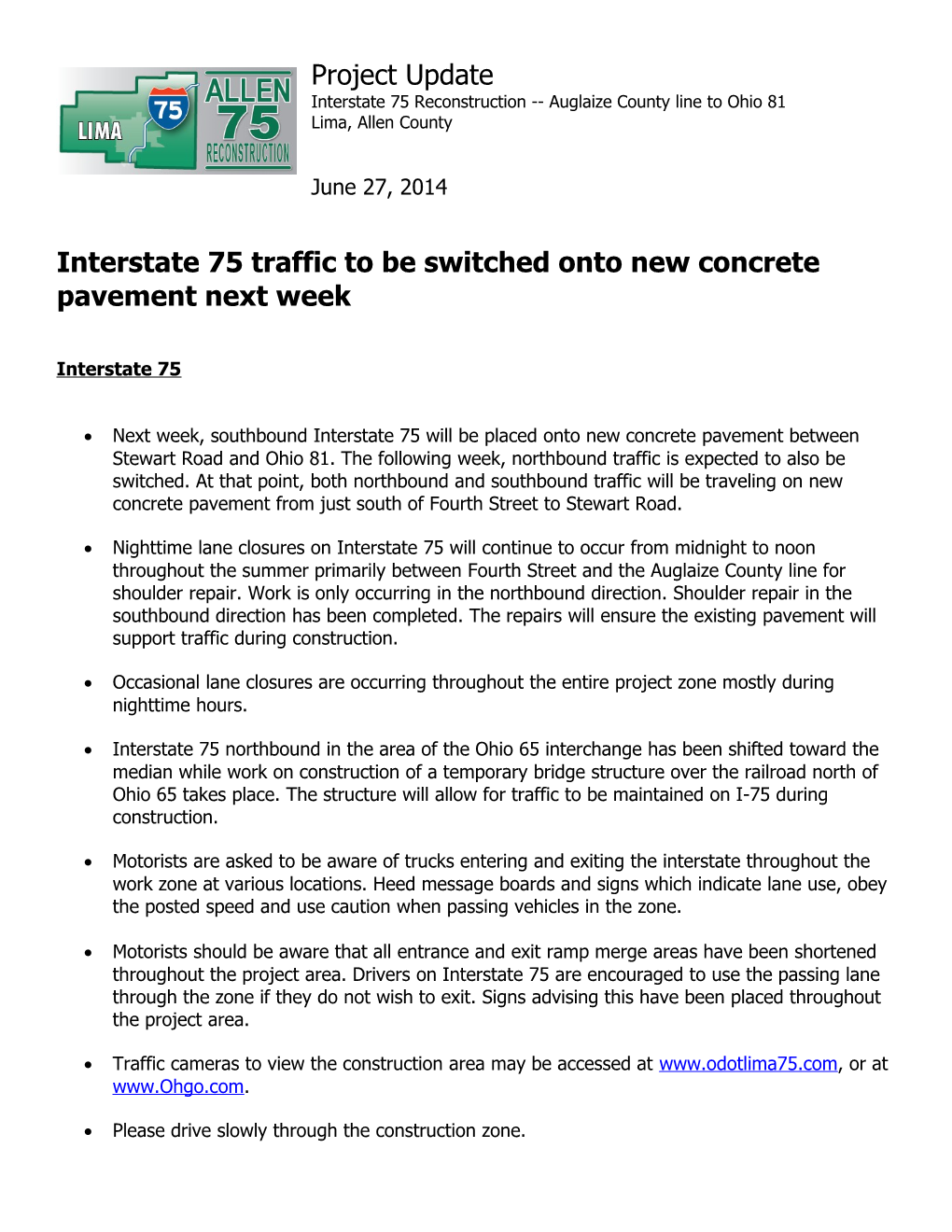 Interstate 75 Traffic to Be Switched Onto New Concrete Pavement Next Week