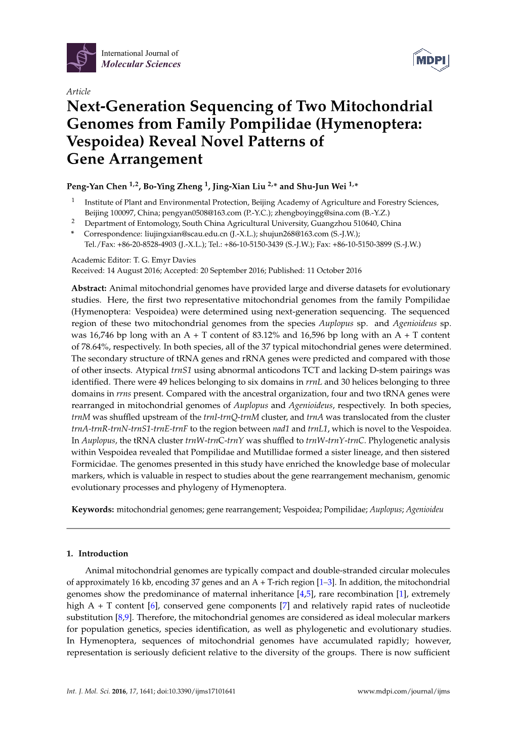 Next-Generation Sequencing of Two Mitochondrial Genomes from Family Pompilidae (Hymenoptera: Vespoidea) Reveal Novel Patterns of Gene Arrangement