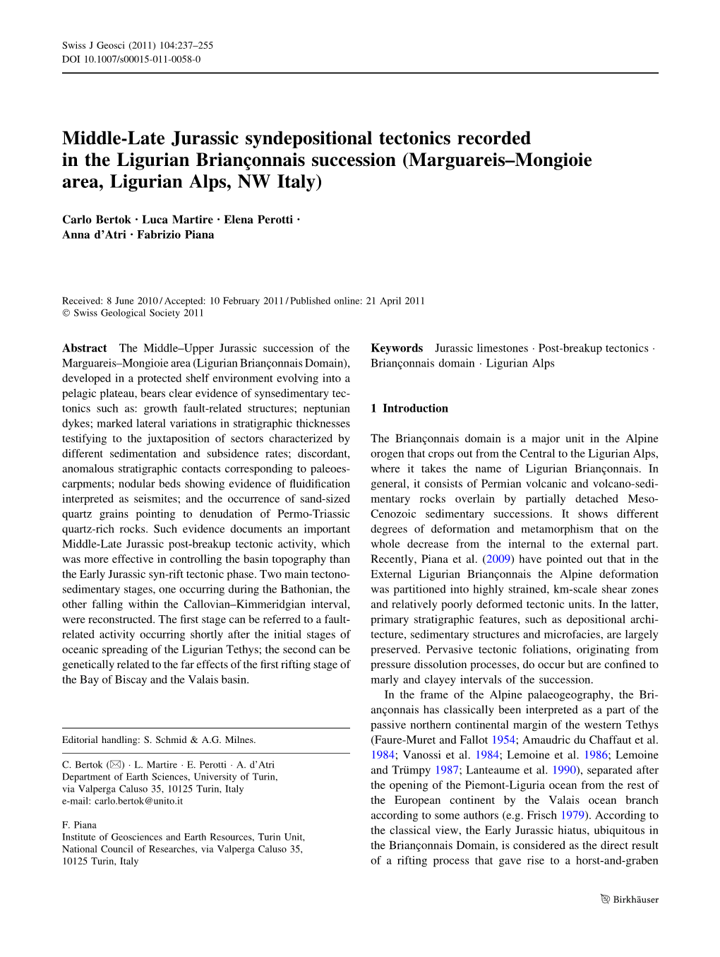 Middle-Late Jurassic Syndepositional Tectonics Recorded in the Ligurian Brianc¸Onnais Succession (Marguareis–Mongioie Area, Ligurian Alps, NW Italy)