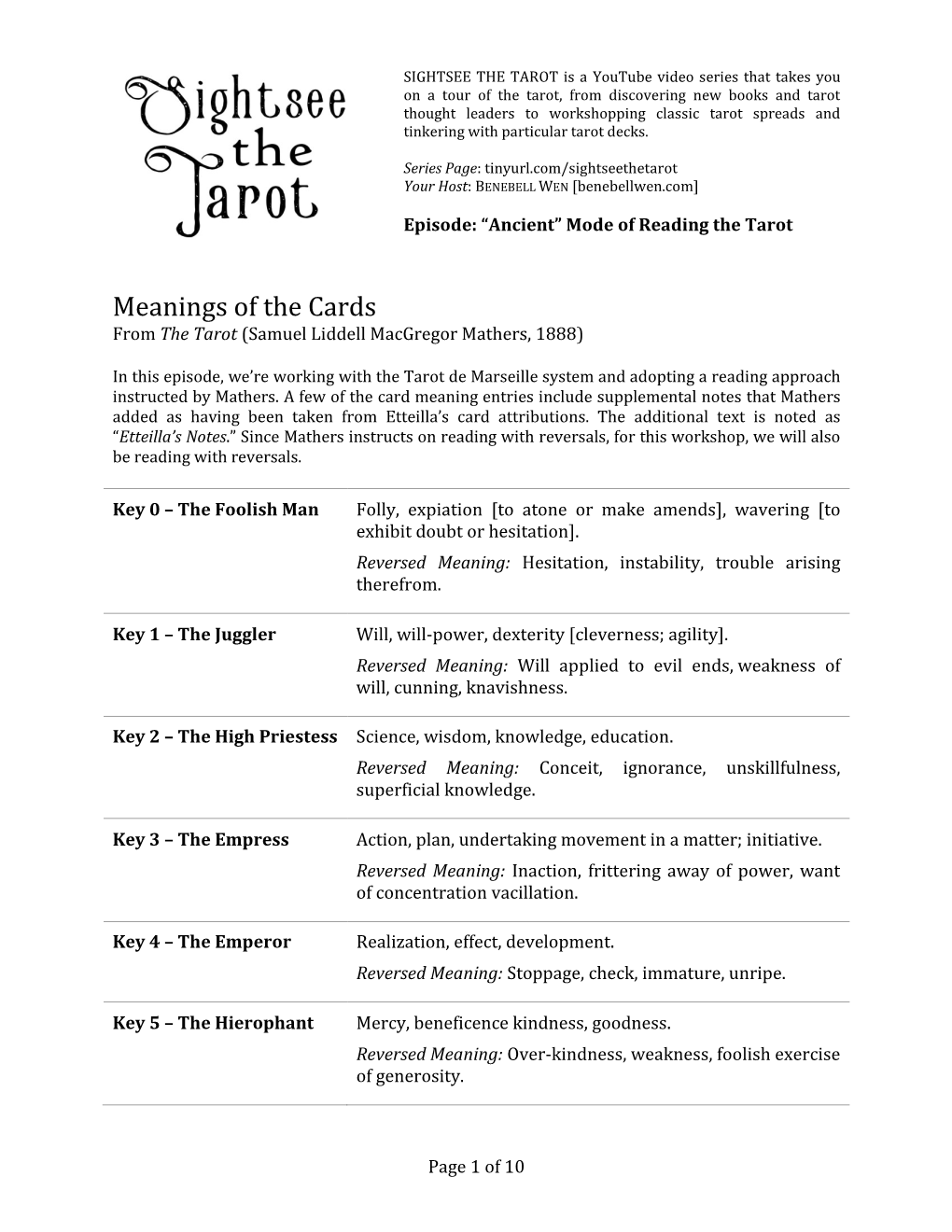 Meanings of the Cards (Tdm)