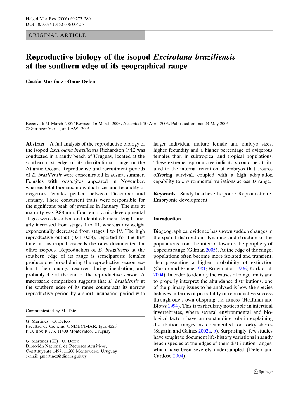 Reproductive Biology of the Isopod Excirolana Braziliensis at the Southern Edge of Its Geographical Range