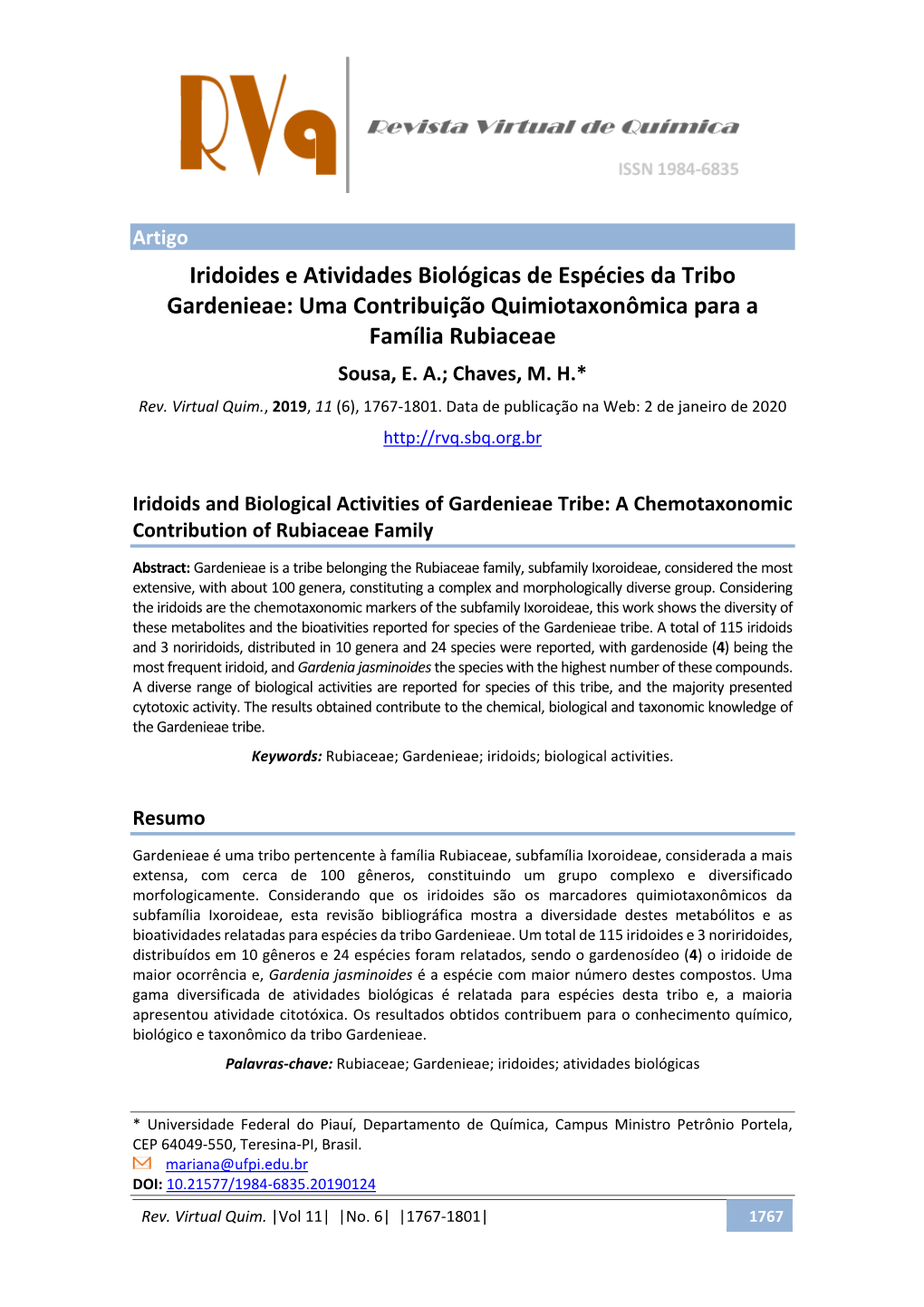 Iridoides E Atividades Biológicas De Espécies Da Tribo Gardenieae: Uma Contribuição Quimiotaxonômica Para a Família Rubiaceae Sousa, E