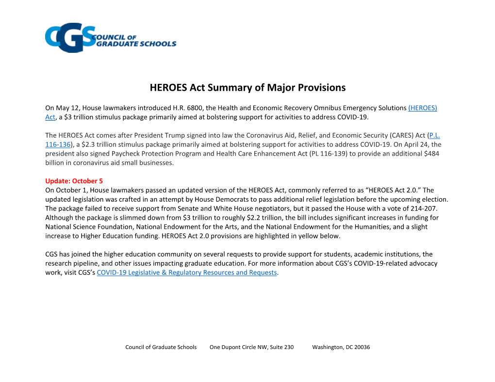 HEROES Act Summary of Major Provisions