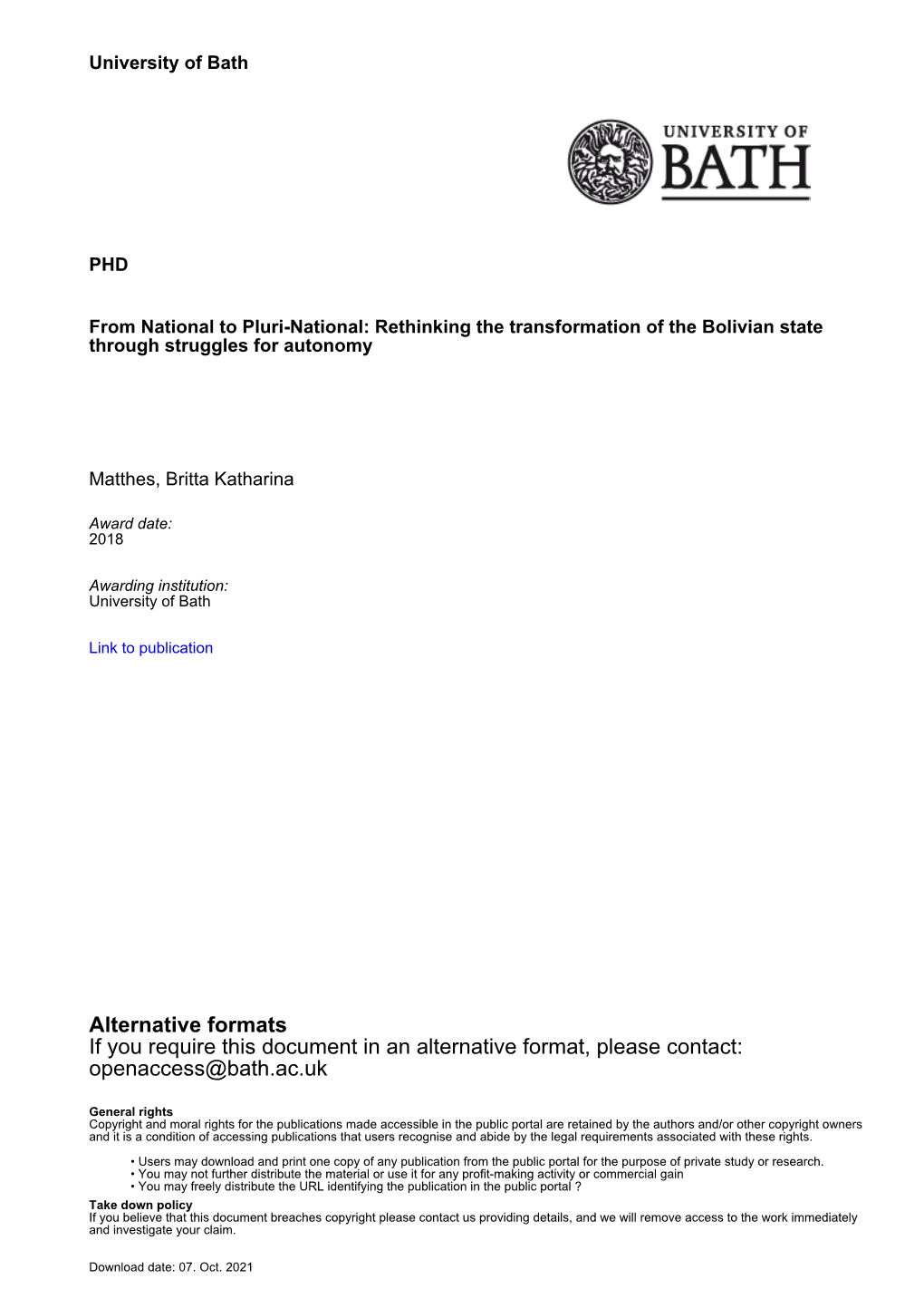 Alternative Formats If You Require This Document in an Alternative Format, Please Contact: Openaccess@Bath.Ac.Uk