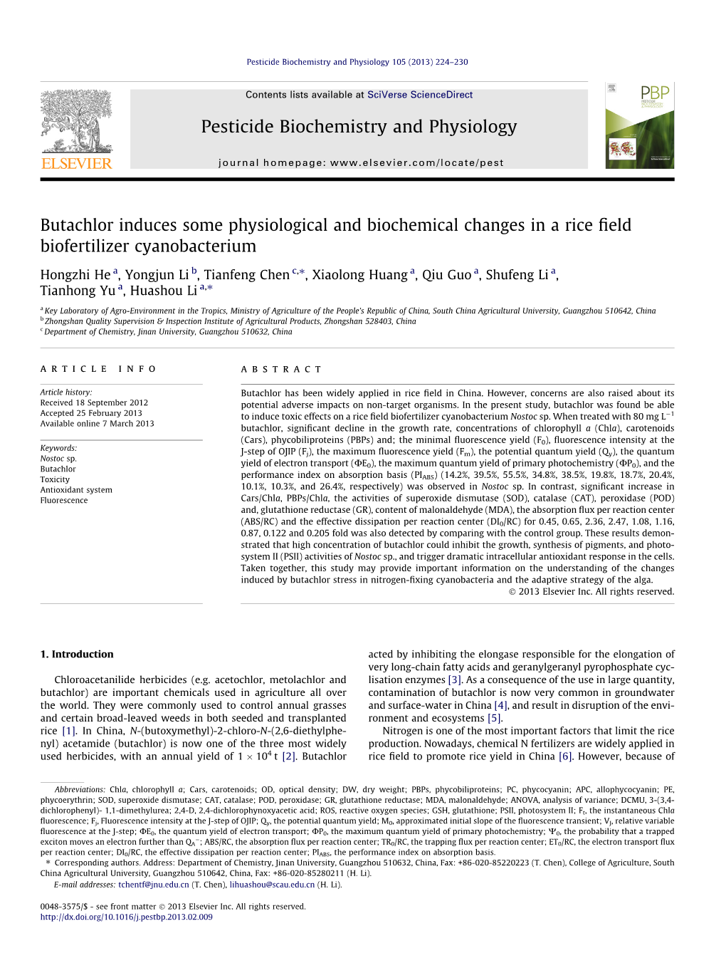 Butachlor Induces Some Physiological and Biochemical Changes in a Rice