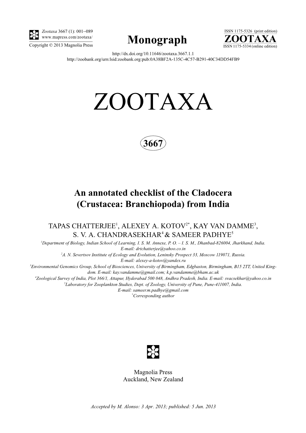 An Annotated Checklist of the Cladocera (Crustacea: Branchiopoda) from India