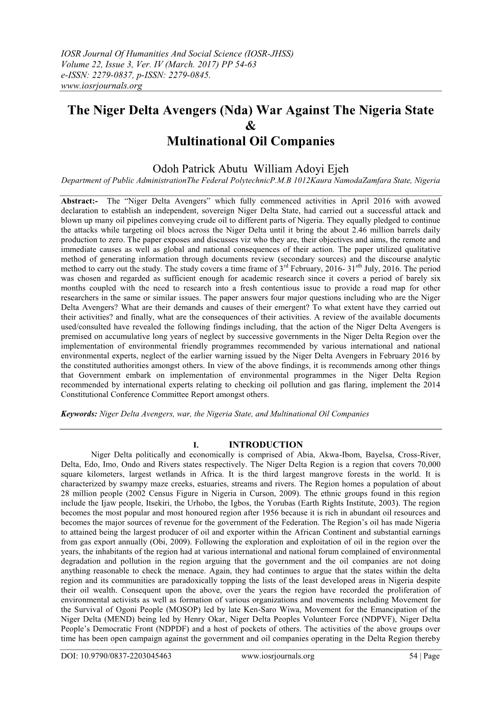 The Niger Delta Avengers (Nda) War Against the Nigeria State & Multinational Oil Companies