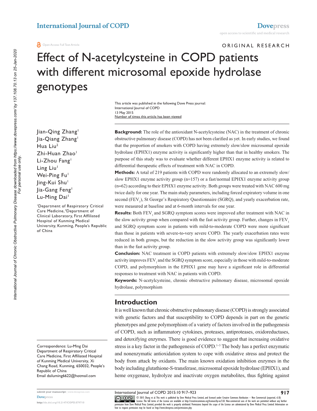 Effect of N-Acetylcysteine in COPD Patients with Different Microsomal Epoxide Hydrolase Genotypes