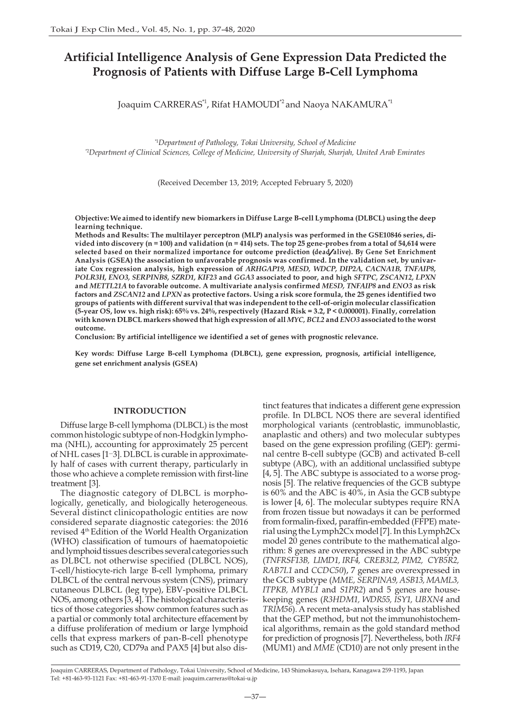 Artificial Intelligence Analysis of Gene Expression Data Predicted the Prognosis of Patients with Diffuse Large B-Cell Lymphoma