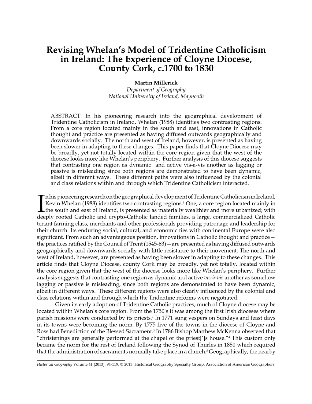 Revising Whelan's Model of Tridentine Catholicism In