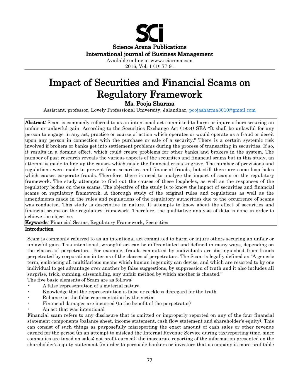 Impact of Securities and Financial Scams on Regulatory Framework Ms