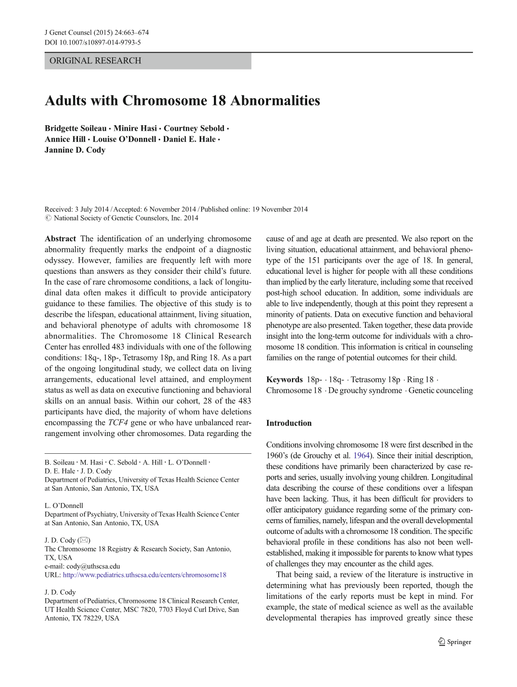 Adults with Chromosome 18 Abnormalities