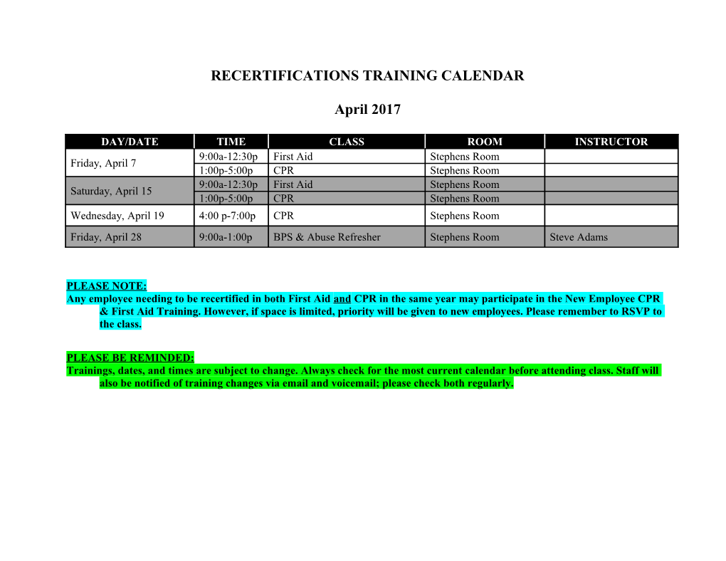 Recertifications Training Calendar