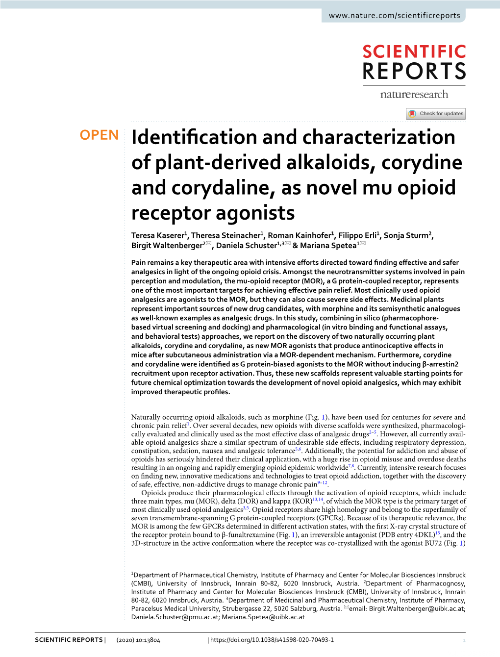 Identification and Characterization of Plant-Derived Alkaloids, Corydine