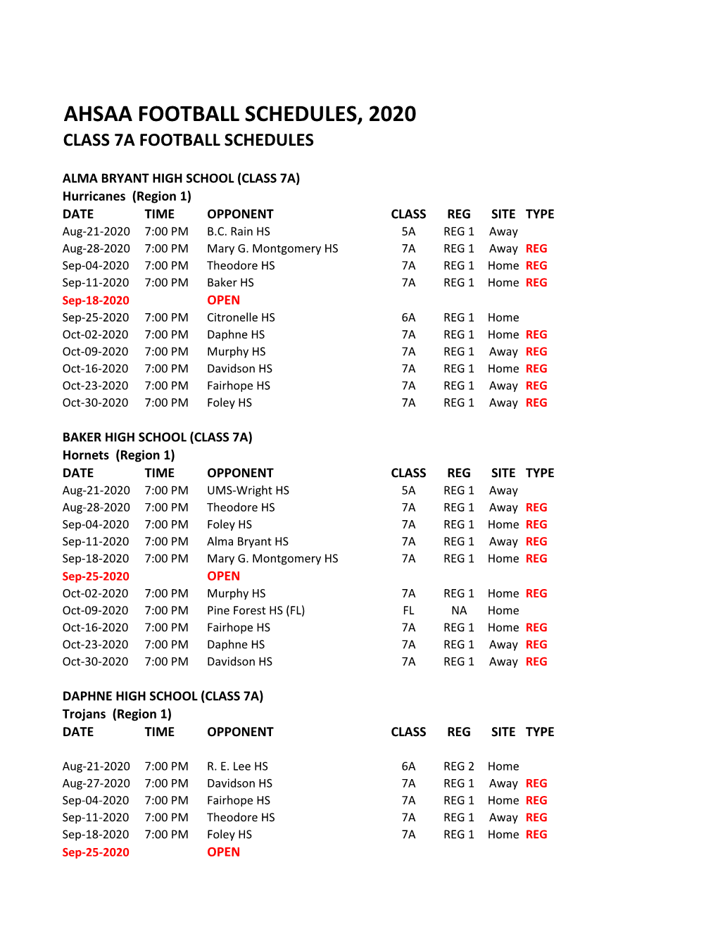 Ahsaa Football Schedules, 2020 Class 7A Football Schedules