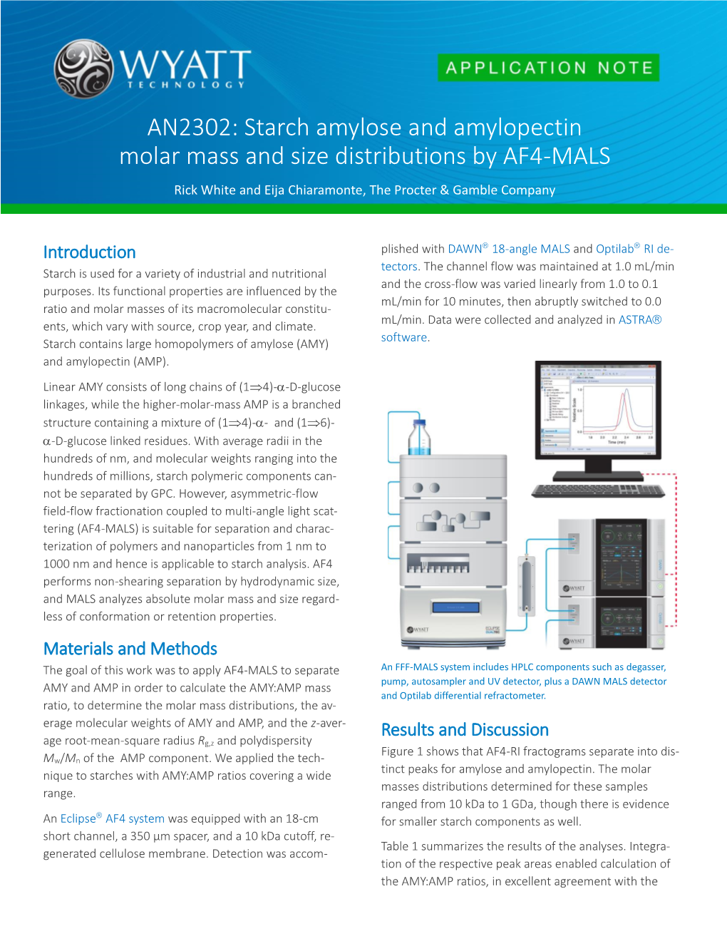 AN2302: Starch Amylose and Amylopectin Molar Mass and Size Distributions by AF4-MALS Rick White and Eija Chiaramonte, the Procter & Gamble Company