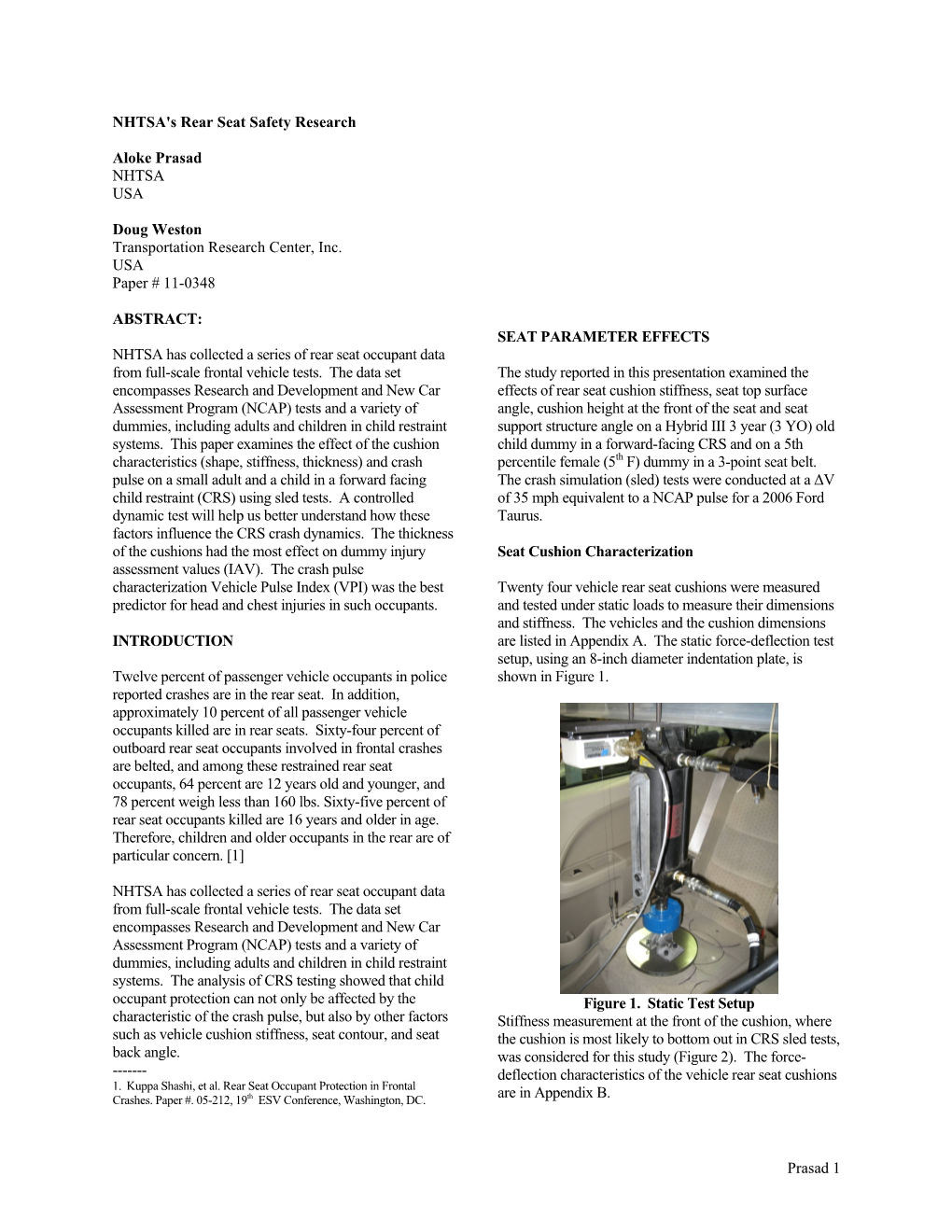 Prasad 1 NHTSA's Rear Seat Safety Research Aloke Prasad NHTSA