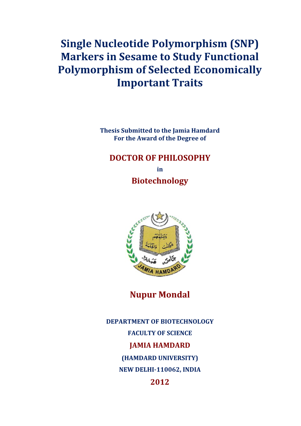 Thesis Submitted to the Jamia Hamdard