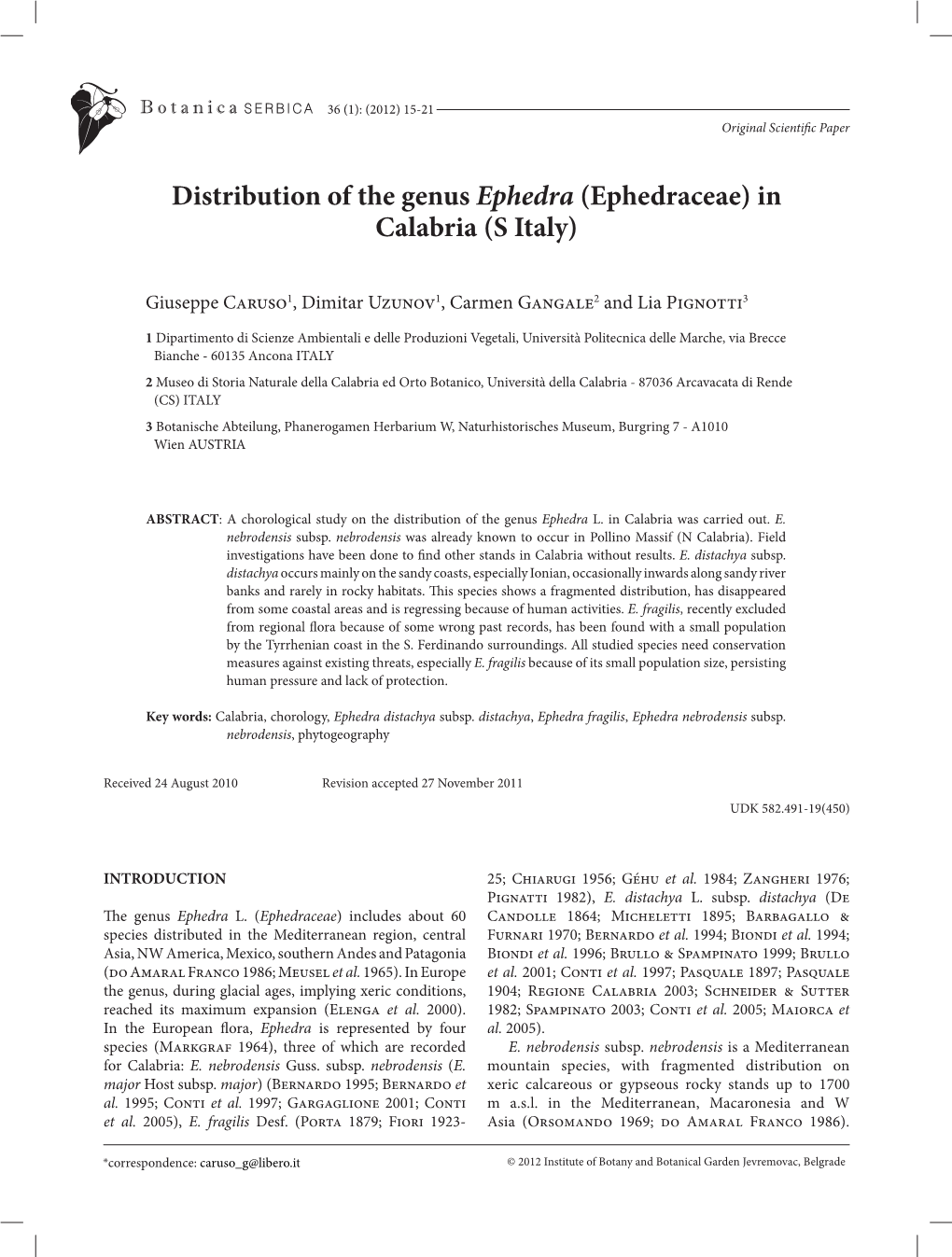 Distribution of the Genus Ephedra (Ephedraceae) in Calabria (S Italy)